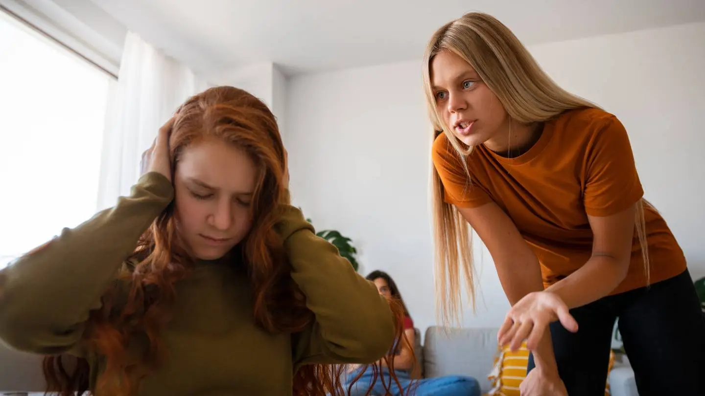 A girl sitting and an other girl trying to talk to her