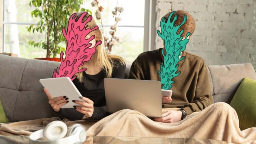 Couple using devices with surreal painted faces